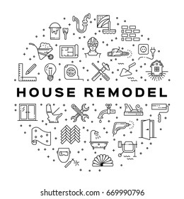 Home Repair circle infographics construction icon. House remodel thin line art icons. Symbols hammer and screwdriver, plumbing, hard hat, construction tools, wallpaper. Vector illustration