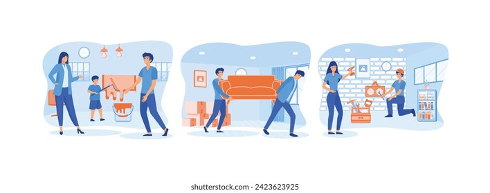 Home repair concept. Happy young man move sofa furniture in room. Repairs and change wallpaper.  Home repair set flat vector modern illustration 