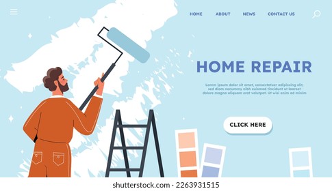 Home repair concept. Man with roller paints walls in room blue. Landing page design. Renovation and modernization. Professional builder make interior finish. Cartoon flat vector illustration