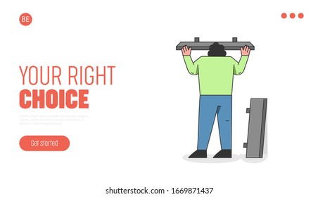 Home Repair Concept. Website Landing Page. Professional Worker Modernizare Of a House. Cartoon Character Is Putting Up Shelves On The Wall. Linear Outline Vector Illustration