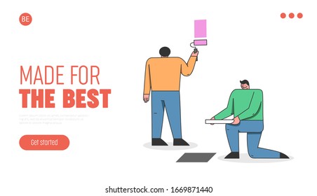 Home Repair Concept. Website Landing Page. Two Repairmen Workers Are Making Works Of House. Cartoon Male Characters Paint Walls And Put Tile. Linear Outline Vector Illustration