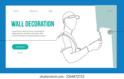 Home Repair Concept. Website Landing Page. Repairmen Workers Are Making Works Of House. Cartoon Characters Paint Walls And Put Tile. Linear Outline Vector Illustration.