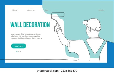 Home Repair Concept. Website Landing Page. Repairmen Workers Are Making Works Of House. Cartoon Characters Paint Walls And Put Tile. Linear Outline  Illustration