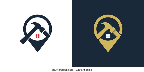 Home Repair Construction Building Point Logo Concept sign icon symbol Design Element. Hammer and Home with Pin Finder Location Logotype. Vector illustration template