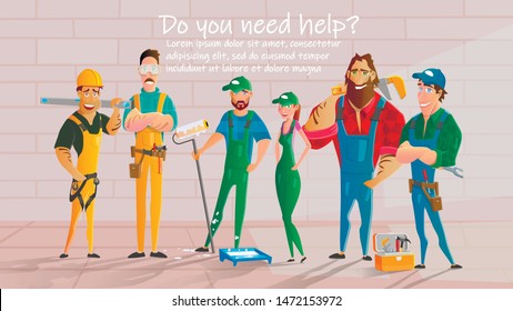 Home Repair, Construction Contractors, Plumbing Service Cartoon Vector Poster Template. Workers Characters in Uniform, Repairmen, Painters, Plumbers Team Standing Together near Brick Wall Illustration