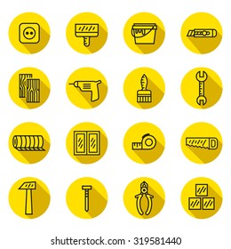 Home repair and construction flat black and yellow vector icons set with shadows. Modern minimalistic design.