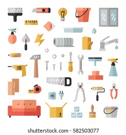 Home repair and construction flat style big icon set (vector). 