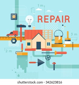 Home Repair, Home Construction. Home Improvement Painting Brush, Measuring, Laying Masonry, Cut. Flat Design Vector Illustration