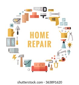 Home repair and construction multicolored flat circle vector frame. Modern minimalistic design. Icons set.
