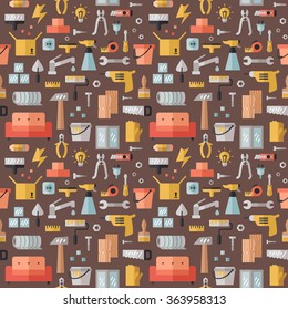 Home repair and construction multicolored flat seamless pattern. Modern minimalistic design.