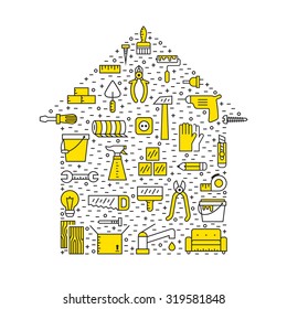 Home repair and construction outline black and yellow vector background. Modern minimal design. House shape poster. Icons set.