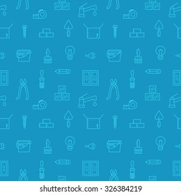 Home repair and construction outline blue vector seamless pattern. Modern minimalistic outline design.