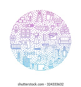 Home repair and construction outline blue-purple circle vector background. Modern minimalistic outline design. Icons set.
