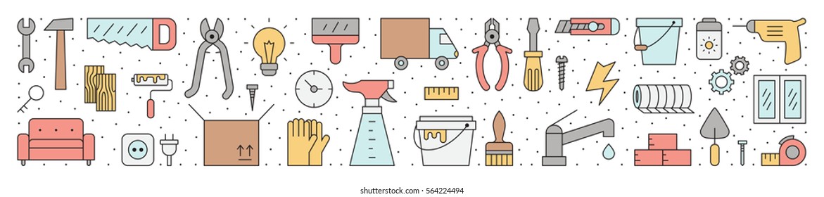 Home repair and construction outline horizontal illustration. Clean and simple design.