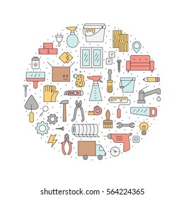 Home repair and construction outline multicolored circle vector illustration. Clean and simple design.