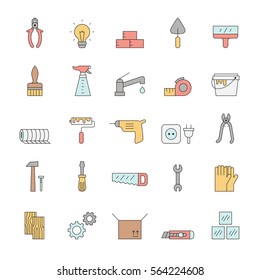 Home repair and construction outline multicolored vector icon set. Clean and simple design.