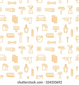 Home repair and construction outline orange and white vector seamless pattern. Modern minimalistic outline design.