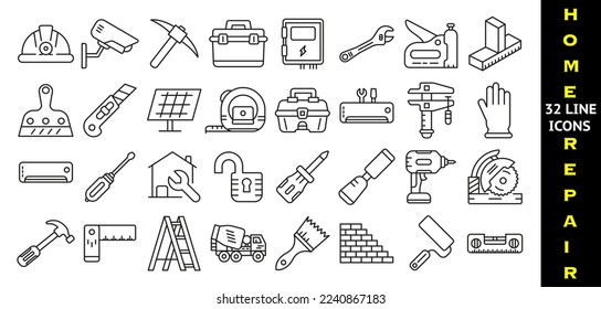 Home repair, construction, renovation, building. Editable stroke.Set of 32 outline web icons.