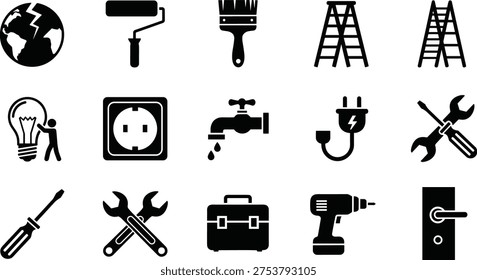 Home repair and construction tool icon set cad drawing flat vector illustration featuring plumbing electrical painting and renovation equipment isolated.