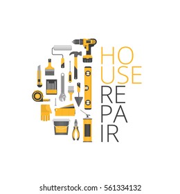 Home repair. Construction tools. Hand tools for home renovation and construction. Flat style, vector illustration.
