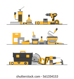 Home repair. Construction tools. Hand tools for home renovation and construction. Flat style, vector illustration.