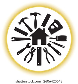Home Repair and Construction Tools Icon,House with Tools Vector Illustration,Handyman Service Symbol with Tools,Home Maintenance and Repair Tools