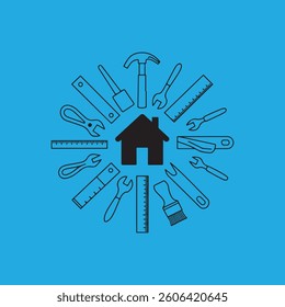 Home Repair and Construction Tools Icon,House with Tools Vector Illustration,Handyman Service Symbol with Tools,Home Maintenance and Repair Tools