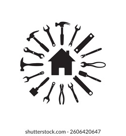 Home Repair and Construction Tools Icon,House with Tools Vector Illustration,Handyman Service Symbol with Tools,Home Maintenance and Repair Tools