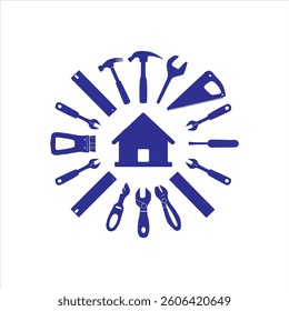 Home Repair and Construction Tools Icon,House with Tools Vector Illustration,Handyman Service Symbol with Tools,Home Maintenance and Repair Tools
