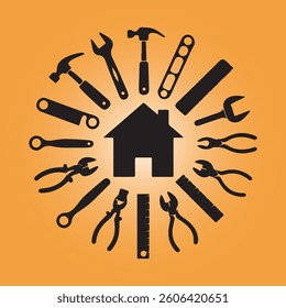 Home Repair and Construction Tools Icon,House with Tools Vector Illustration,Handyman Service Symbol with Tools,Home Maintenance and Repair Tools