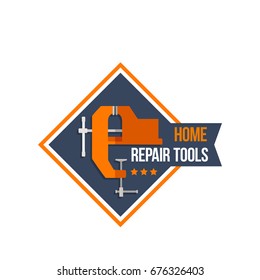 Home repair and construction work tools icon. Vector badge design of carpentry or woodwork vise, spanner or wrench for house building, designing or renovation works for company or toolbox shop