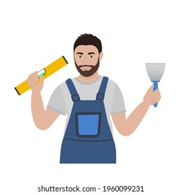 Heimreparatur. Konstruktionsarbeiter-Zeichenvektordesign. Handyman. Facharbeiter. Haussanierung. Einzige Vektorgrafik im Cartoon-Stil