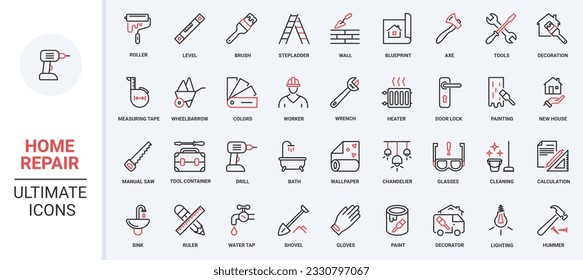 Home repair and decoration red black thin line icons set vector illustration. House renovation pictogram collection with wall paint roller, brush and hammer, level and drill tools for builders work.