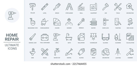 Home repair and decoration thin line icons set vector illustration. Outline house renovation pictogram collection with wall paint roller, brush and hammer, level and drill tools for builders work