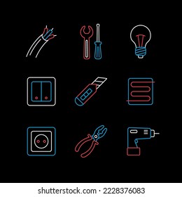 Reparación del hogar, conjunto de iconos planos vectoriales eléctricos. Símbolo gráfico para el diseño del sitio web, logotipo, aplicación, interfaz de usuario. Ilustración del vector, EPS10.