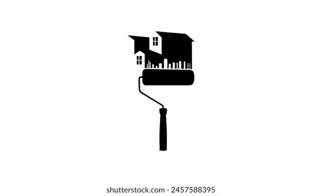 Home Repair emblem, paint roller and hause, black isolated silhouette