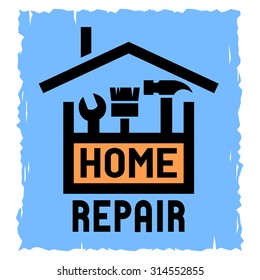 Home Repair emblem with tool box and symbol of a house.