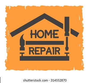 Home repair emblem with tool box and symbol of a house.