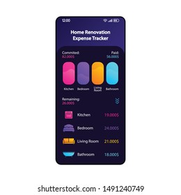 Home repair expense tracker smartphone interface vector template. Mobile renovation budget tracking app page black design layout. Finance manager screen. Flat UI for application. Phone display