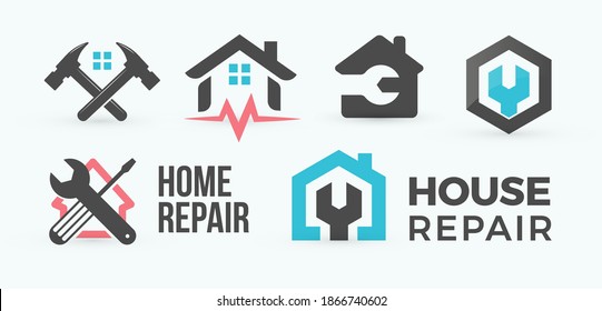 Home repair flat cartoon style vector logo concept set. House master service isolated icon on white background. Work tool set for home, house, auto and technics.