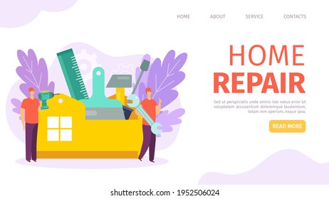 Home repair, flat worker team near house, web page, vector illustration. Professional repair service for building apartment, landing banner.