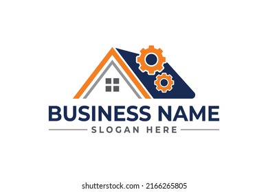 home repair with gear, roofing, remodeling, handyman, home renovation, decor logo