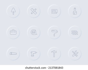 home repair gray vector icons on round rubber buttons. home repair icon set for web, mobile apps, ui design and promo business polygraphy