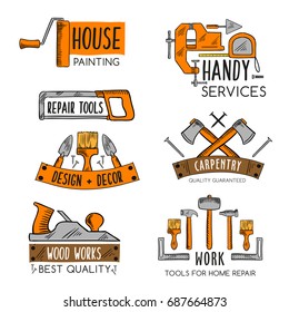 Home repair or handy service vector icons templates set of construction and carpentry or house finishing work tools of painting brush or hammer, screwdriver or wrench and vise or plane and trowel