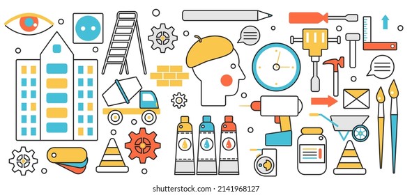 Home repair, house improvement technology. Building construction works with maintenance tools from toolbox, decor and designers paints, renovation in infographic concept banner, thin line art design