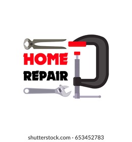 Home repair icon of carpentry and renovation handyman work tools for house construction service company. Vector isolated symbol of vise gripe, spanner wrench and pliers or nippers from toolbox