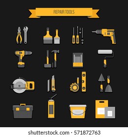 Home repair icon. Construction tools. Hand tools for home renovation and construction. Flat style, vector illustration.