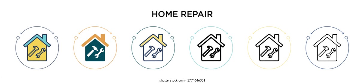 Home repair icon in filled, thin line, outline and stroke style. Vector illustration of two colored and black home repair vector icons designs can be used for mobile, ui, web