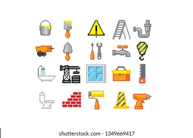 Home repair icon set. Decorative element design for logo, sticker, web, mobile app. Game assets 8-bit sprite. Decorative element design for logo, sticker, web, mobil