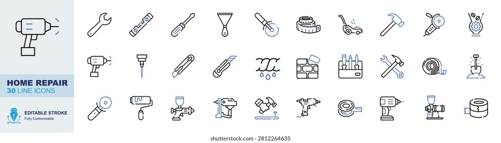 Home repair icon set. Editable line icons power drill, wrench, spirit level, screwdriver and funnel vector illustration